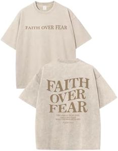 KEEVICI Boys Faith Over Fear Shirt Christian Jesus T Shirts for Kids Bible Verse Religious Graphic Tees Acid Wash Tshirt(Apricot,150)