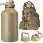 OneTigris Tactical Half Gallon Water Bottle with Straw - 64 oz Vacuum Insulated Stainless Steel Water Jug, Leakproof Sport Bottle with 3 BPA Free Lids, Paracord Handle & MOLLE Water Pouch for Outdoor