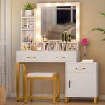 YITAHOME Dressing Table,Vanity Table with LED Bulb Mirror,Bedroom Dressing Tables with Charging Socket,Vanity Desk with Drawers,White