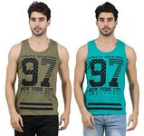 JUGULAR Men's Cotton Printed Regular Fit Vest Ninety Seven Pack Of -2 (Olive Green,Green, Large)