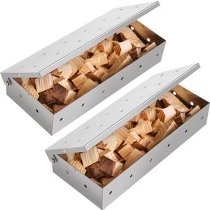 Ziopetru 2 Pack Stainless Steel Smoker Box, for Use with Wood Chips to Add Smoky BBQ Flavor to Gas or Charcoal Grills