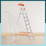 Houza 8 Step Foldable Aluminium Ladder for Home with Tool Tray | Ladder with Anti-Slip Shoes | Slip Prevention Steps | Durable, Heavy Duty, Safe, and Stylish | Made in India (Orange)