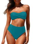 Tempt Me Women Bandeau Bikini Set Twist Strapless Two Piece Swimsuit High Waisted Bathing Suits, Teal, Medium