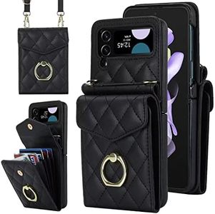 XIMAND for Samsung Galaxy Z Flip 4 Wallet Phone Case with Ring and Adjustable Crossbody Strap, Stylish and Muti-funtional Accordion Style Flip Case with 4 Card Slots for the Modern Women and girls（Black）