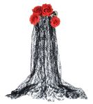 Merroyal Day of the Dead Headpiece Rose Floral Crown Halloween Costume Mexican Headband with Veil (Big Red Flower Skull+Veil)