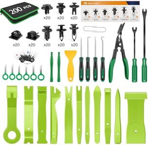 GOOACC 200Pcs Trim Removal Tool, Auto Push Pin Bumper Retainer Clip Set Fastener Terminal Remover Tool Adhesive Cable Clips Round Handle Crowbar Kit Car Panel Radio Removal Auto Clip Pliers, Green