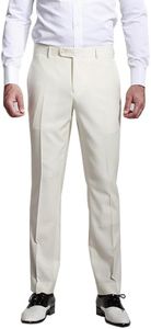 HBDesign Mens Formal Flat Front Straight Iron Free Trousers Ivory White