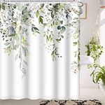 MIRRORANG Sage Green Eucalyptus Shower Curtain, Watercolor Leaf Plant with Floral Bathroom Curtains Hooks, Waterproof Mildew and Mould Resistant Polyester Washable Curtain (180 x 180 cm)