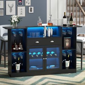 Loomie Bar Table Cabinet with LED & Drawer, Mini Liquor Bar with 8-Tier Storage & Stemware Holder, Wine Alcohol Bar Stand with Glass Door & Adjustable Wine Rack, Crescent Shaped Counter for Home Pub