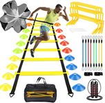 YGORTECH Speed Agility Training Set, Football Training Equipment, Agility Ladder, Resistance Parachute, 20 Disc Cones, Leg Resistance Bands, 4 Adjustable Hurdles, Jumping Rope & Carry Bag