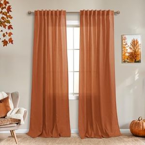 Mrs.Naturall Burnt Orange Curtains 84 Inch Length for Living Room,Back Tab Fall Funky Boho Decor Linen Semi Sheer Curtain Drapes for Bedroom 84 Inches Long Set 2 Panels