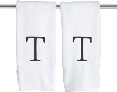 Decorvo Black & White Bathroom Hand Towel - Monogrammed Luxury Hotel Quality Decorative Embroidered Towel for Powder Room, Spa - GOTS Organic Certified - Set of 2 Letter T