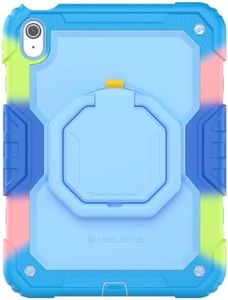 KELOKE Kids Case for iPad (A16) & iPad 10th Gen, Drop-Proof, Easy to Grip | Durable & Kids-Friendly, Rotating Handle Stand, Pencil Holder, 2 Cover (With/Without Screen Protector), Rainbow Light Blue