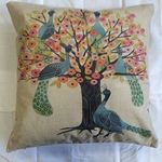 RAYYAN LINEN PANAMA DIGITAL FAUX LINEN PEACOCKS CUSHION COVER OR PILLOWCASES (BLUE BEIGE GREEN BLACK PINK) 18 X 18 OR 45 X 45 CM APPROX.