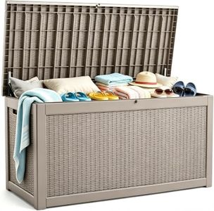 326 Gallon Extra Large Deck Box Outdoor, Resin Storage Box Outdoor Waterproof, Lockable Garden Storage Bench, Holds Patio Furniture, Pool Supplies & Equipment, Hydraulic Rod, UV-Proof, Gray Brown