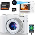 4K Digital Camera, 64MP Dual Cameras for Photography Autofocus Anti-Shake, Video Vlogging Camera for YouTube, Compact Travel Camera with 32GB SD Card, 16X Digital Zoom, Flashlight, 2 Batteries+Charger