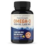 Triple Strength Omega 3 Fish Oil | 3600 mg EPA & DHA | Over 2100mg of Omega-3 Fatty Acids | 1300mg EPA + 860mg DHA | Best Essential Fatty Acids | Premium Burpless Softgel Supplements (120 Ct)