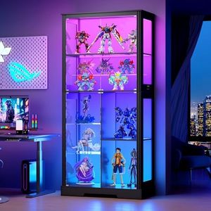 HNEBC Glass Display Cabinet - with RGB Lights, 70'' Curio Cabinet with Glass Doors, 4-Tier Display Cases and Human Sensor, Bookcases for Collectibles, Books,Toys,Black
