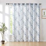 FMFUNCTEX Linen Sliding Door Curtain 84 Inches Long for Living Room, Extra Wide Room Divider Patio Door Curtain Blue Branch Pattern Semi Sheer Privacy Drape Bedroom Grommet Window Curtain 100W 1 Panel