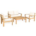 Tangkula Outdoor 4-Piece Acacia Wood Chat Set, 4 Seater Acacia Wood Conversation Sofa and Table Set with Water Resistant Cushions, Teak Finished (1, White)