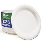 GreFusion 9 Inch Strong Paper Plates [125 Pack] Heavy Duty Disposable Plates Sugarcane Eco-Friendly White Party Plates