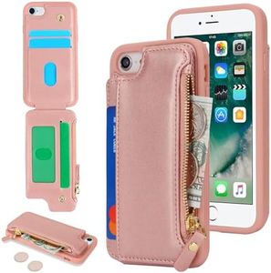 Cavor for iPhone SE Case 2022/2020,iPhone 8/7 Case with Card Holder,iPhone SE Wallet Case for Women Men,Phone Case iPhone 8 Case with Wallet,Leather Zipper Pocket Card Slots Cover-Rose Gold