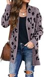 ZESICA Women's Fall Winter Long Sleeves Open Front Leopard Print Knitted Sweater Cardigan Coat Outwear,Purple,Medium