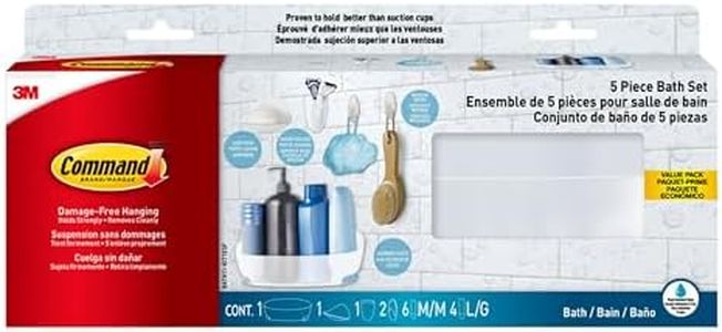 Command Bathroom Accessories, 5 Piece Bathroom Organizer Set - 1 Shower Caddy, 1 Soap Dish, 1 Toothbrush Holder, 2 Hooks with Water Resistant Command Strips