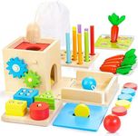 Kizfarm Educational Montessori Toys for 1 2 Year Old, Include Object Permanence Box, Magnetic Worm Game, Carrot Harvest Toy, Coin Drop Toy, Developmental Montessori Toys for Babies