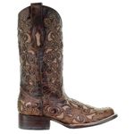 Corral Women's Brown Inlay & Studs with Embroidery Square Toe Pull-On Cowboy Boots - Sizes 5-12 B