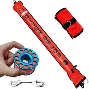 DSMB 6ft Surface Marker Buoy with 100ft Finger Spool Reel Diver Below Signal Flag Tube Scuba Diving Equipment Open Bottom Set (6ft)