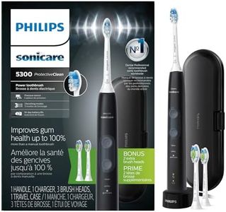 Philips Sonicare ProtectiveClean 5300 Rechargeable Electric Toothbrush, with Pressure Sensor, 3 Cleaning Modes, SmarTimer and QuadPacer, with 2 Bonus Brush Heads, Travel Case, Black, Model HX6423/34