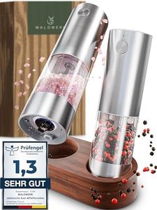 WALDWERK Moulin à poivre et sel electrique (batterie 300 mAh) – Moulin à poivre et moulin à sel electrique avec support élégant en bois d’acacia – Moulin a poivre electrique