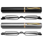 Hubeye Mini Reading Glasses Slim Readers with Spring Hinge Portable Pen Clip Lightweight with Box for Men Women (Black/Grey +1.0)