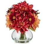 Arborus Faux Fall Flowers in Vase, Artificial Dahlia & Mum Silk Floral Arrangement with Clear Glass Vase Fake Autumn Flowers Bouquet for Home Office Dining Room Table Centerpiece Decoration