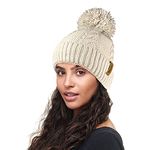 RockJock R80 Warm Chunky Cable Knit Pom Pom Hat with Thermal Insulating Teddy Fleece Liner-Natural