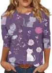 Spring Summer Shirts for Women 3/4 Length Sleeve Crewneck Tops Summer Loose Casual Loose Fit Floral Printed Solid Cute Blouse