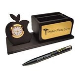 STAR GIFTING Personalized Gift for Doctor Apple shaped Wooden Pen, Card Holder & Mobile Stand with Watch and Metal Pen with Customized Name Engraved