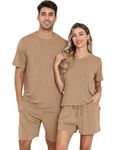 EISHOPEER Knit Matching Pajamas Sets Couple Drawstring Nightwear Short Sleeve Sleepwear 2 Pieces Loungewear with Shorts Khaki Large