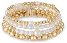 Ettika Gold Bracelets, Pearl Bracelet. Freshwater Pearl Party Stack 18K Gold Plated Set of 4. Jewelry, Birthday Gifts For Women