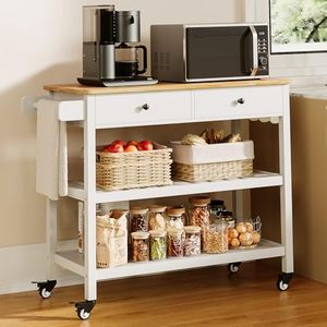 Gizoon Kitchen Island Cart on Wheels with 40'' Wood Tabletop, 2 Open Tiers Spacious Storage Shelves and Towel Rack, Rolling Utility Cart with 3 Side Hooks and 2 Drawer for Dining Room, Bar, White