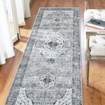 Runner Rug Indoor Door Mat-Deerly Vintage Floral Medallion Boho Oriental Non-Slip Low Pile Machine Washable Runner Soft Rug for Hallways Bathroom Carpet Laundry Room Bedroom Stair(Grey 3x8FT)