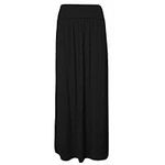 Crazy Fashion Ladies Full Length Long Skirts for Women Plus Size High Waist Fold Over Womens Pleated High Waisted Elasticated Plain Gypsy Casual Stretchy Maxi Skirt UK 8-26 Black