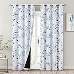 Beauoop Botanical Print Bedroom Curtains 95 Inches Long 95% Blackout Window Curtain Panels Floral Thermal Insulated Drapes Leaf Grommet Top Window Treatment, 52 x 95 Inch, White/Navy/Blue (2 Panels)