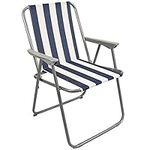 ASAB Folding Garden/Patio Spring Deck Chair With Arms | Comfortable Fabric Seat For Picnic, Camping, Beach, Fishing Outdoor | (Navy Blue with White Stripes)