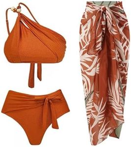 ABEWIP One Piece Swimsuit Women with Cover Up Floral Print Swimwear Set Vacation Outfits Bathing Suits, Brown Top+shorts+skirt+beads Decor, Medium