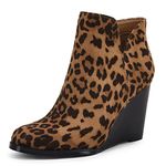 LAICIGO Womens V Cut Wedge Ankle Booties Zip-up Closed Toe Stacked Heel Faux Suede Winter Boots, Leopard, 10