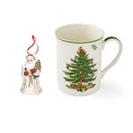 Spode Christmas Tree Collection Mug and Santa Ornament Set of 2, 11-Ounce Mug, 3-inch Hanging Ornament, Holiday Décor, Christmas Gift Set, Made of Ceramic