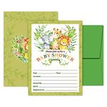 safari Deluxe Jungle Baby Shower Invitations Gender Neutral for Boys Girls or Twins Kids Party Card Supplies 20 Double Sided Large 5 x 7 Flat Fill in Invites with Green Envelopes