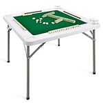 GYMAX Mahjong Table, 35” Folding Card Table with Cup Holders & Chip Trays, Square Domino Playing Table for Mahjong Poker